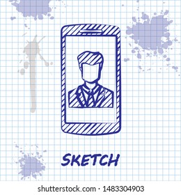 Sketch line Smartphone with contact on screen icon isolated on white background. Incoming call. Human on phone screen. Call contact.  Vector Illustration