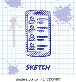 Sketch line Smartphone with contacts on screen icon isolated on white background. Incoming call. People on phone screen. Call contact.  Vector Illustration