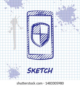 Sketch line Smartphone, mobile phone with security shield icon isolated on white background.  Vector Illustration