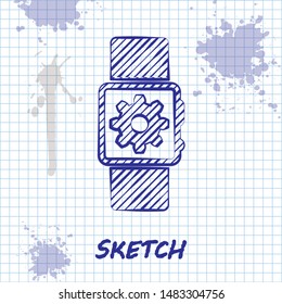 Sketch line Smartwatch setting icon isolated on white background. Smart watch settings.  Vector Illustration