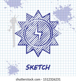 Sketch line Solar energy panel icon isolated on white background. Sun with lightning symbol.  Vector Illustration
