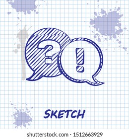 Sketch line Speech bubbles with Question and Exclamation icon isolated on white background. FAQ sign. Copy files, chat speech bubble and chart.  Vector Illustration