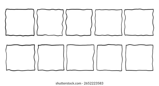 Sketch Line Square Frame Box Set. Brush Pencil Outline Rectangle Shape Border. Vector Whimsical Hand Drawn Doodle Illustration