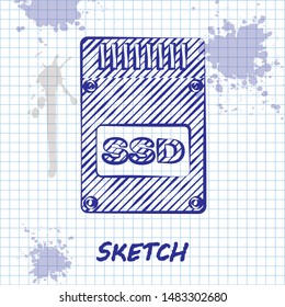 Sketch line SSD card icon isolated on white background. Solid state drive sign. Storage disk symbol.  Vector Illustration