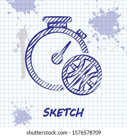 Sketch line Stopwatch with basketball ball inside icon isolated on white background. Basketball time. Sport and training.  Vector Illustration