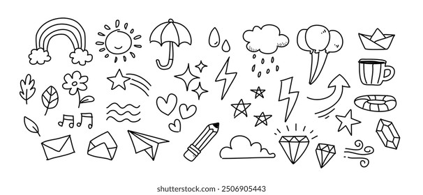 Sketch line style elements set , elements Hand-drawn style, Cloud, Rainbow, Rainy season, Pencil, Thunderstorm, vector illustration. isolated on white background.