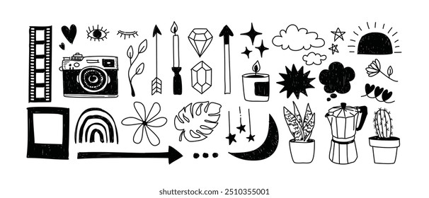 Sketch line style elements set , elements Hand-drawn style, Cloud, Rainbow, Sun, Moon, Camera, Cactus, vector illustration. isolated on white background.