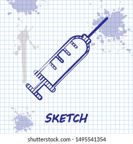 Sketch line Syringe icon isolated on white background. Syringe for vaccine, vaccination, injection, flu shot. Medical equipment.  Vector Illustration