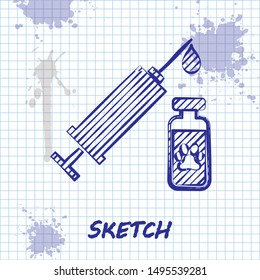 Sketch line Syringe with pet vaccine icon isolated on white background. Dog or cat paw print.  Vector Illustration