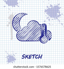 Sketch line Thermometer and cloud with moon icon isolated on white background.  Vector Illustration