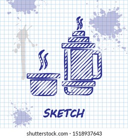 Sketch line Thermos container icon isolated on white background. Thermo flask icon. Camping and hiking equipment.  Vector Illustration