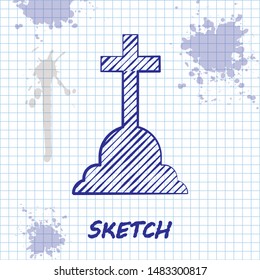 Sketch line Tombstone with cross icon isolated on white background. Grave icon.  Vector Illustration