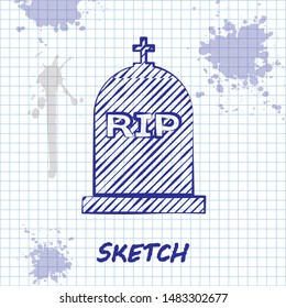 Sketch line Tombstone with RIP written on it icon isolated on white background. Grave icon.  Vector Illustration