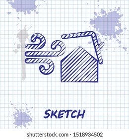 Sketch line Tornado swirl damages house roof icon isolated on white background. Cyclone, whirlwind, storm funnel, hurricane wind icon.  Vector Illustration