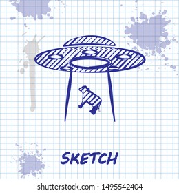 Sketch line UFO abducts cow icon isolated on white background. Flying saucer. Alien space ship. Futuristic unknown flying object.  Vector Illustration