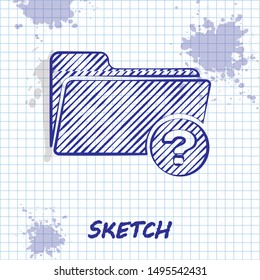Sketch line Unknown directory icon isolated on white background. Magnifying glass and folder.  Vector Illustration