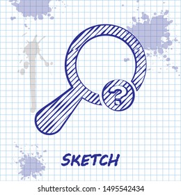 Sketch line Unknown search icon isolated on white background. Magnifying glass and question mark.  Vector Illustration
