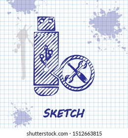 Sketch line USB flash drive with screwdriver and wrench icon isolated on white background. Adjusting, service, setting, maintenance, repair, fixing.  Vector Illustration