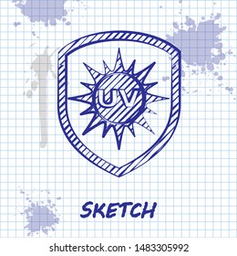 Sketch line UV protection icon isolated on white background. Sun and shield. Ultra violet rays radiation. SPF sun sign.  Vector Illustration
