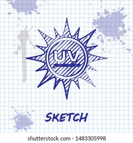 Sketch line UV protection icon isolated on white background. Ultra violet rays radiation. SPF sun sign.  Vector Illustration
