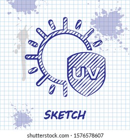 Sketch line UV protection icon isolated on white background. Sun and shield. Ultra violet rays radiation. SPF sun sign.  Vector Illustration