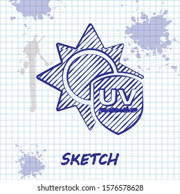 Sketch line UV protection icon isolated on white background. Sun and shield. Ultra violet rays radiation. SPF sun sign.  Vector Illustration