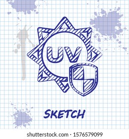 Sketch line UV protection icon isolated on white background. Sun and shield. Ultra violet rays radiation. SPF sun sign.  Vector Illustration