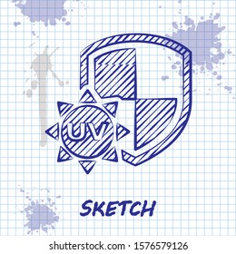 Sketch line UV protection icon isolated on white background. Sun and shield. Ultra violet rays radiation. SPF sun sign.  Vector Illustration