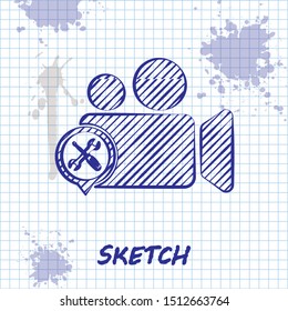 Sketch line Video camera with screwdriver and wrench icon isolated on white background. Adjusting, service, setting, maintenance, repair, fixing.  Vector Illustration
