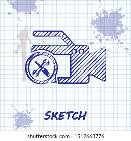 Sketch line Video camera with screwdriver and wrench icon isolated on white background. Adjusting, service, setting, maintenance, repair, fixing.  Vector Illustration