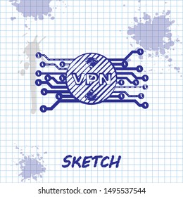 Sketch line VPN in circle with microchip circuit icon isolated on white background.  Vector Illustration
