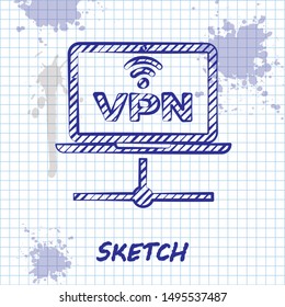 Sketch line VPN Computer network icon isolated on white background. Laptop network. Internet connection.  Vector Illustration