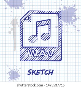 Sketch line WAV file document. Download wav button icon isolated on white background. WAV waveform audio file format for digital audio riff files.  Vector Illustration