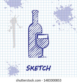 Sketch line Wine bottle with wine glass icon isolated on white background.  Vector Illustration