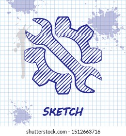 Sketch line Wrench and gear icon isolated on white background. Adjusting, service, setting, maintenance, repair, fixing.  Vector Illustration