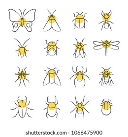 Sketch linear insect icons with yellow details isolated on white. Vector illustration