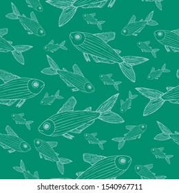 Sketch liner fish pattern contour cyan on aquamarine vector illustration for design and decoration