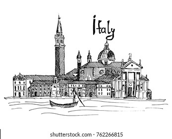 sketch liners vector italy venice quay near the river old houses and gandola