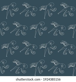 Sketch, lines animal drawing repeat vector pattern.
Monochrome blue sea life wildlife octopus texture.