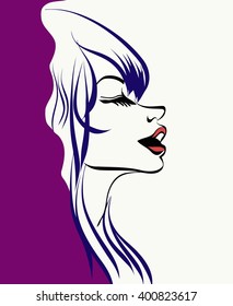 sketch in the lines of the girl's face white and purple background