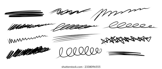 Sketch Lines. Hand drawn marker line stroke underline set. Highlight underline and strike through. Pen line template. Vector illustration isolated on white background.