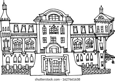 Sketch in lines on a white background old town house in classical architecture, street facade, entrance