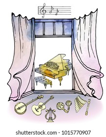 sketch in lines in the wind on the background of watercolor stains romantic set of musical instruments on the background of air curtains and windows, grand piano, notes, guitar, mandolin, marokas