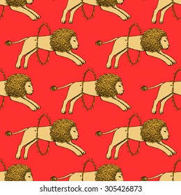 Sketch lion jumping through the fire hoop in vintage style, vector seamless pattern