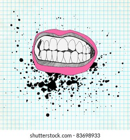 Sketch of the lips and teeth on the school paper. Grunge background.