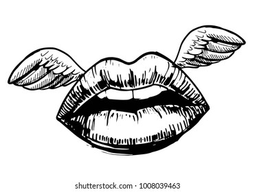 Sketch of lips with wings. Hand drawn illustration converted to vector