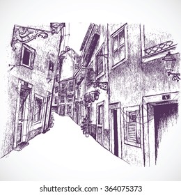Sketch of Lisbon city street. Vector sketch. Hand drawn illustration in lone art style
