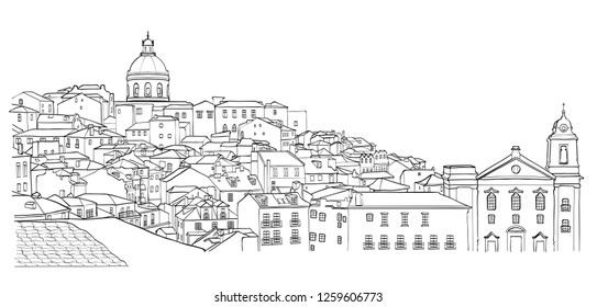 Sketch of Lisbon cityscape view. Black and white vector illustration