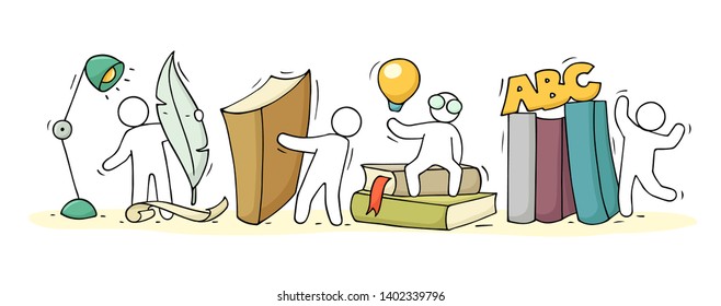 Sketch Of Literature Class With Working Little People. Doodle Cute Miniature Of Teamwork And Books. Hand Drawn Cartoon Vector Illustration For School Subject Design.