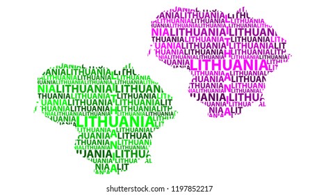 Sketch Lithuania letter text map, Republic of Lithuania - in the shape of the continent, Map Lithuania - green and purple vector illustration